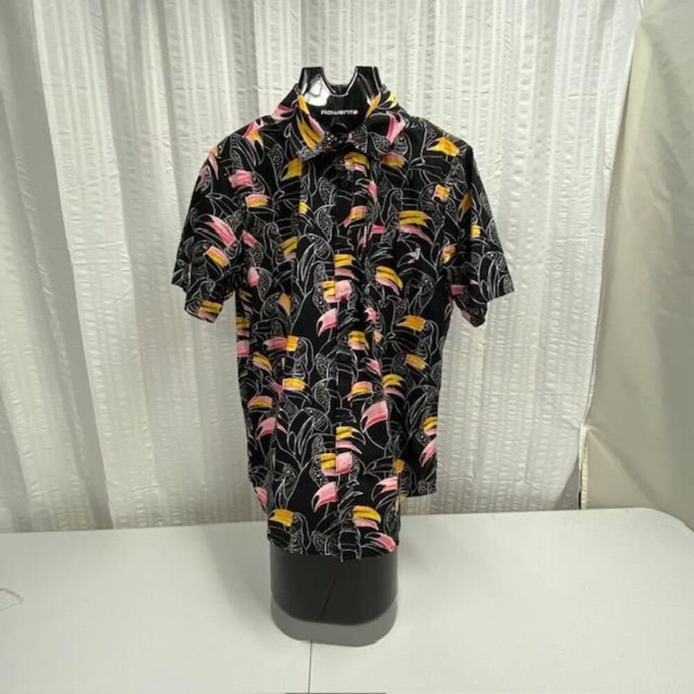 Hurley Mens Large Toucan Tropical Hawaiian Shirt Black Pink Yellow Stretch(512-4